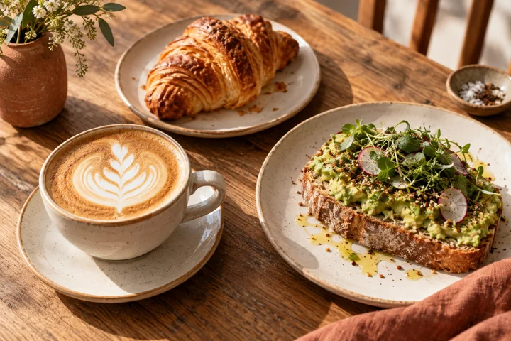 Cappuccino, a croissant and avocado toast on an oak table