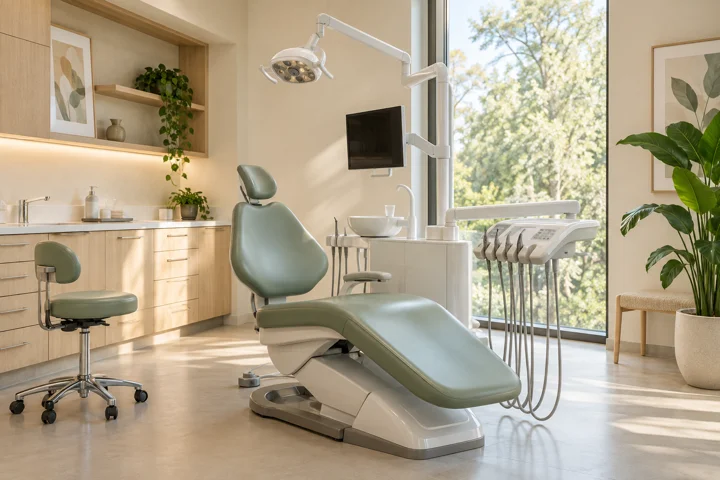A bright dental room with a sage green chair